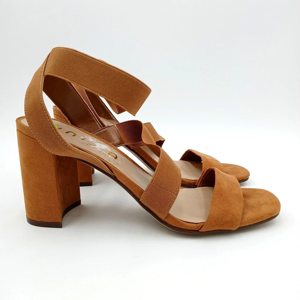 Unisa Dahna Block Heel Women's Sandals Brown Faux‎ Suede Elastic Size 9.5 M